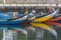 Detailed view at the front moliceiro boat, a traditional boat used to collect seaweed, reflection on water, typically boat used on