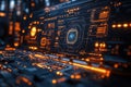 Detailed view of a futuristic digital interface showcasing advanced technology in a dark environment with glowing elements Royalty Free Stock Photo