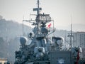 Detailed view of Georgian Flag on Turkish Navy warship superstructure featuring radar equipment and antennas - Batumi