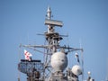 Detailed view of Georgian Flag on Turkish Navy warship superstructure featuring radar equipment and antennas - Batumi