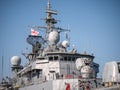 Detailed view of Georgian Flag on Turkish Navy warship superstructure featuring radar equipment and antennas - Batumi