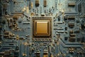 Detailed view of a golden computer processor chip on a circuit board Royalty Free Stock Photo