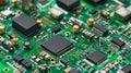 Detailed view of a green electronic circuit board with various microchips and components interconnected for advanced technology Royalty Free Stock Photo