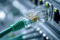 Detailed view of a green ethernet cable plugged into a network switch with visible gold connectors and status indicator lights on Royalty Free Stock Photo