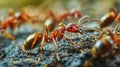 A detailed view of a group of ants crawling on a rock. This image can be used to depict teamwork, unity, or the