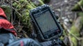 A detailed view of a handheld gadget with a builtin scanner and GPS capabilities displaying a topographical map with