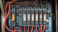 Detailed view of a high-definition electrical panel with multiple circuit breakers Royalty Free Stock Photo