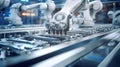 A detailed view of a high-tech automated assembly line featuring robot manipulators focused on producing electric
