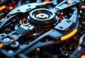Close-up of a futuristic robotic or mechanical device with intricate gears and Royalty Free Stock Photo