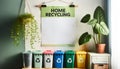 A detailed view of a home recycling guide hanging above color-coded bins for different recyclables in a homes utility