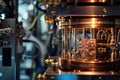 A detailed view of the inner workings of a machine, featuring a prominently displayed clock, A quantum computer in a high-tech Royalty Free Stock Photo