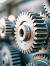 Detailed view of interconnected metallic gears in a mechanical system showcasing industrial engineering and precision machinery Royalty Free Stock Photo