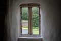 Detailed view of the interior, looking out of a medieval building. Royalty Free Stock Photo