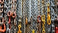 Detailed view of interlinked chains and hooks showcasing industrial strength and design in a workshop setting Royalty Free Stock Photo