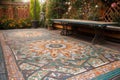 detailed view of intricate mosaic tiles on outdoor patio