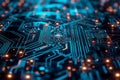 A detailed view of the intricate patterns and components of a computer circuit board, Futuristic abstract circuit board design, AI Royalty Free Stock Photo
