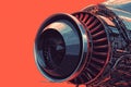 A detailed view of a jet engine with mechanical parts exposed, set against a vibrant red background, A detailed illustration of a Royalty Free Stock Photo