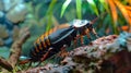 Detailed view of a Madagascar hissing cockroach. Striped insect exploring its habitat. Concept of exotic insects, forest Royalty Free Stock Photo