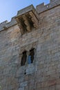 Detailed view at the Manueline window or gothic window, on Pinhel tower castle keep, on historic and ancient city of Pinhel, Royalty Free Stock Photo