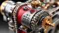 Detailed view of a mechanical component with gears and chains, highlighting precision engineering and metallic textures Royalty Free Stock Photo