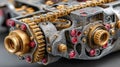 Detailed view of a mechanical component with gears and chains, highlighting precision engineering and metallic textures Royalty Free Stock Photo