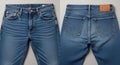 Close-up of blue denim jeans front and back view showing stitching and texture Royalty Free Stock Photo