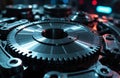 Close-up of intricate metallic gears and cogs in a mechanical device with a Royalty Free Stock Photo