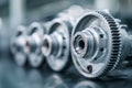 Detailed view of metallic industrial gears aligned in a row highlighting mechanical engineering and precision manufacturing Royalty Free Stock Photo