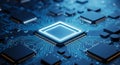 High detail close up of a modern central processing unit chip on a blue circuit board with electronic components Royalty Free Stock Photo