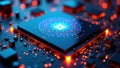 A detailed view of a microprocessor with vivid blue and red lighting, highlighting the complex circuits and patterns