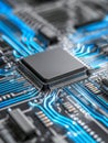 Detailed view of a modern computer circuit board with a central processing chip and glowing blue electronic pathways in a high- Royalty Free Stock Photo