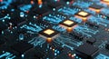 A detailed view of a modern computer circuit board with glowing pathways and microchips creating a futuristic and technological Royalty Free Stock Photo
