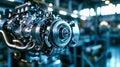 Detailed view of a modern engine being manufactured in a high-tech factory setting Royalty Free Stock Photo