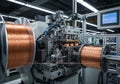 A detailed view of a modern industrial wire processing machine, showcasing copper wire spools on Royalty Free Stock Photo