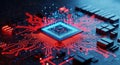 Futuristic central processing unit chip with glowing red circuits and digital network connections on electronic board Royalty Free Stock Photo