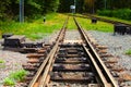 Detailed view of narrow gauge railway arrow switch. Kyiv Children`s Railway in Syretsky Park. Royalty Free Stock Photo