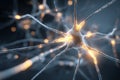 A detailed view of a neuron with glowing synapses, showcasing connections in a neural network. The image represents brain activity Royalty Free Stock Photo