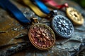 Detailed view of Olympic medals arranged in a podium display, symbolizing victory and achievement .Medals displayed on a rock body