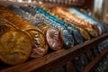 Detailed view of Olympic medals arranged in a podium display, symbolizing victory and achievement .Coins displayed on a wooden