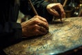 A detailed view of a persons hand as they write with a pen on a piece of metal, A calligrapher crafting intricate Arabic script,