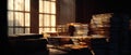 Stacks of old manuscripts illuminate by window casting shadows and warm light Royalty Free Stock Photo