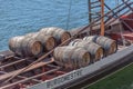 Detailed view at the Porto wine barrels on Rabelo Boat, on Douro river Royalty Free Stock Photo