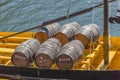 Detailed view at the Porto wine barrels on Rabelo Boat, on Douro river Royalty Free Stock Photo