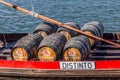 Detailed view at the Porto wine barrels on Rabelo Boat, on Douro river Royalty Free Stock Photo