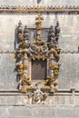 Detailed view at the portuguese gothic ornamented window, manueline facade, with ornamented details, iconic chapterhouse window,