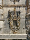 Detailed view at the portuguese gothic ornamented window, manueline facade, with ornamented details, iconic chapterhouse window,