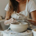 detailed view on potters hands cutting away excess clay from a bowl. High quality photo