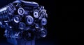 Detailed view of a powerful internal combustion engine with blue lighting against a dark background Royalty Free Stock Photo