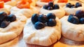 Detailed view of the preparation of traditional apricot dumplings on a rolling board, blueberries placed on the dough