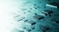 Close-up of a circuit board with microchips and intricate pathways, illuminated by soft light Royalty Free Stock Photo